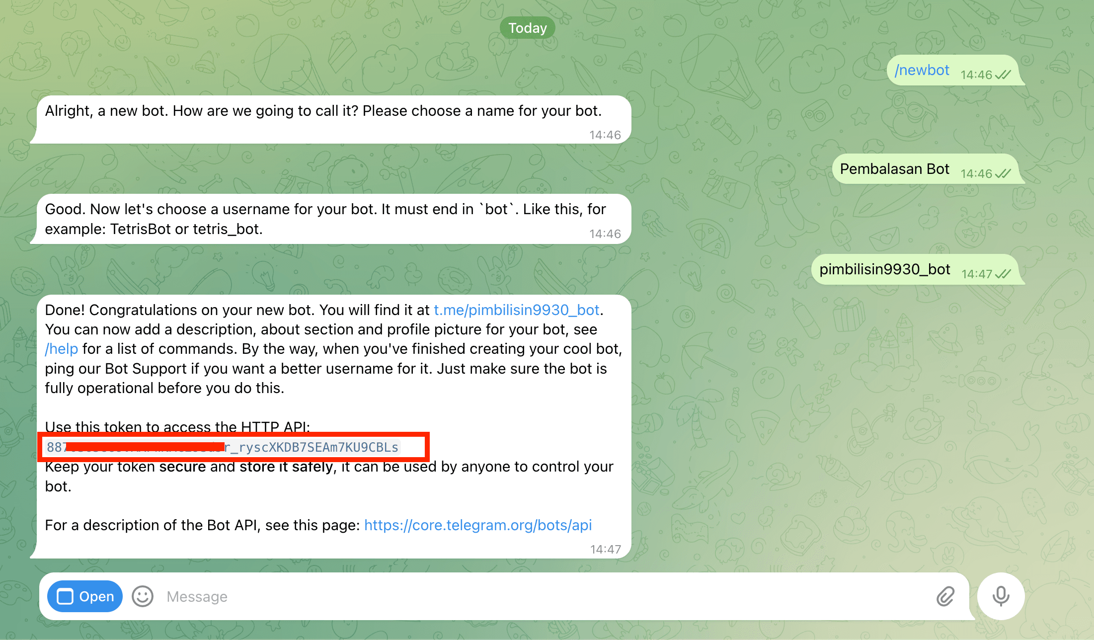 Salin bot token dari BotFather