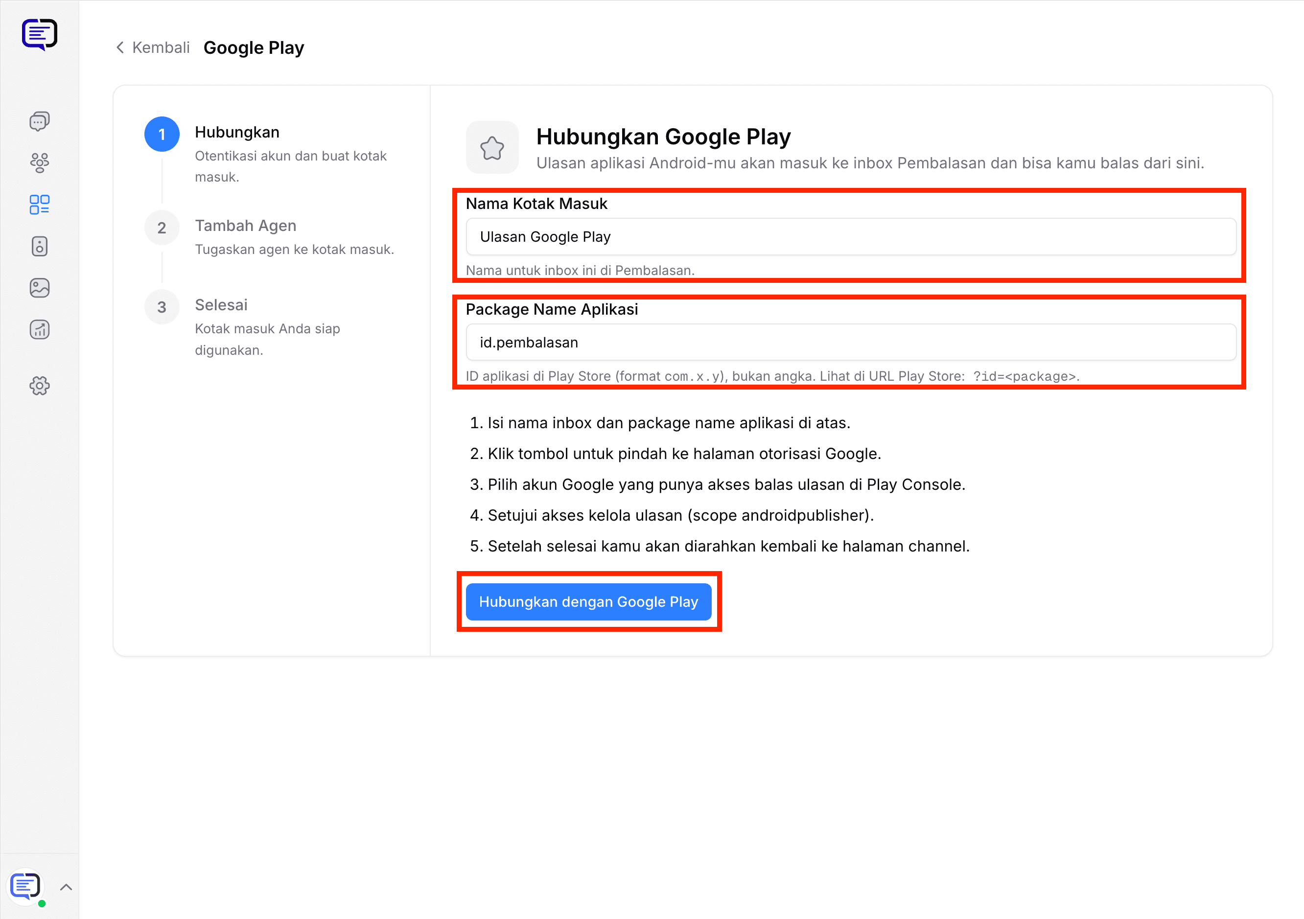 Isi nama inbox dan package name