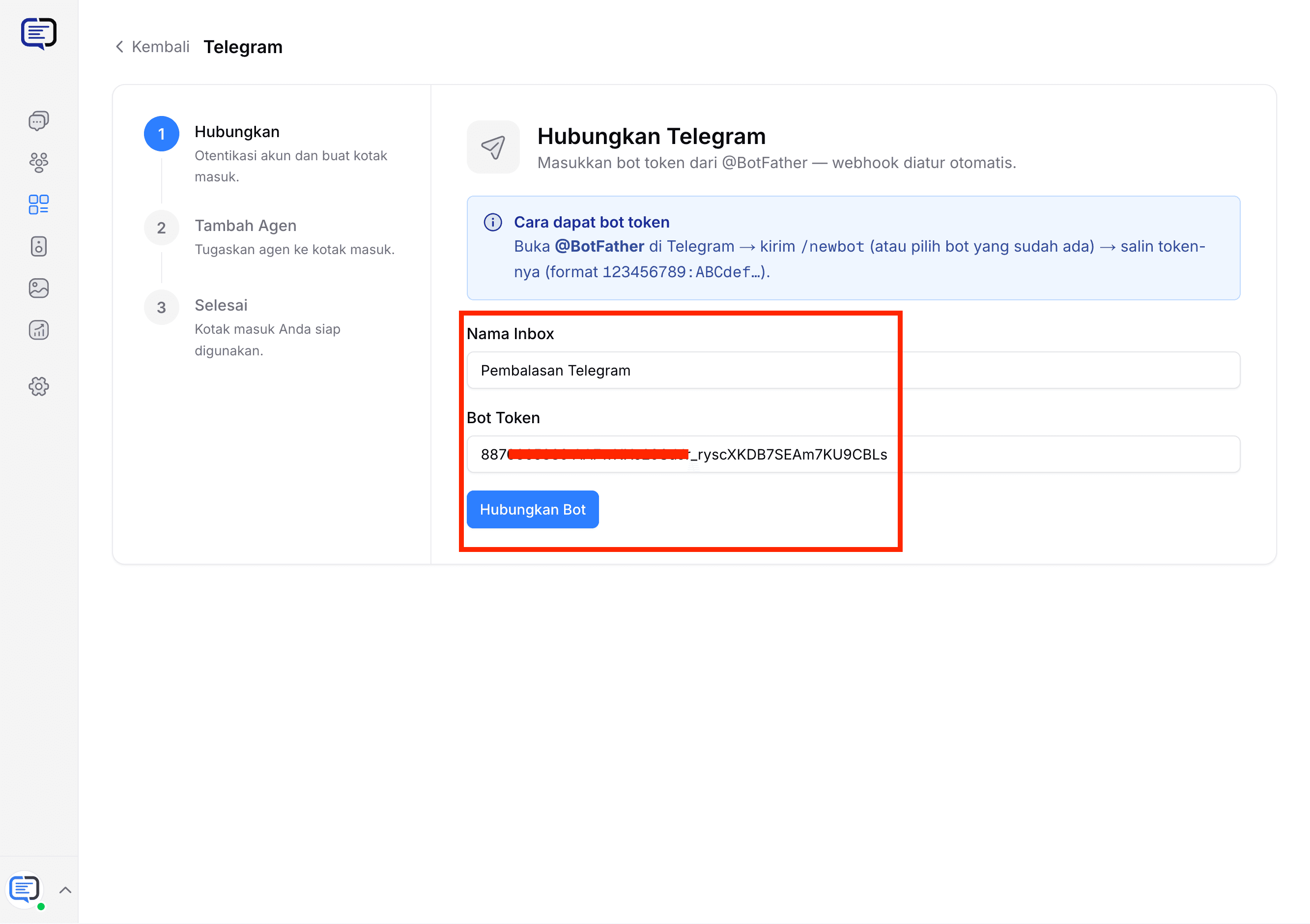 Masukkan nama inbox dan bot token