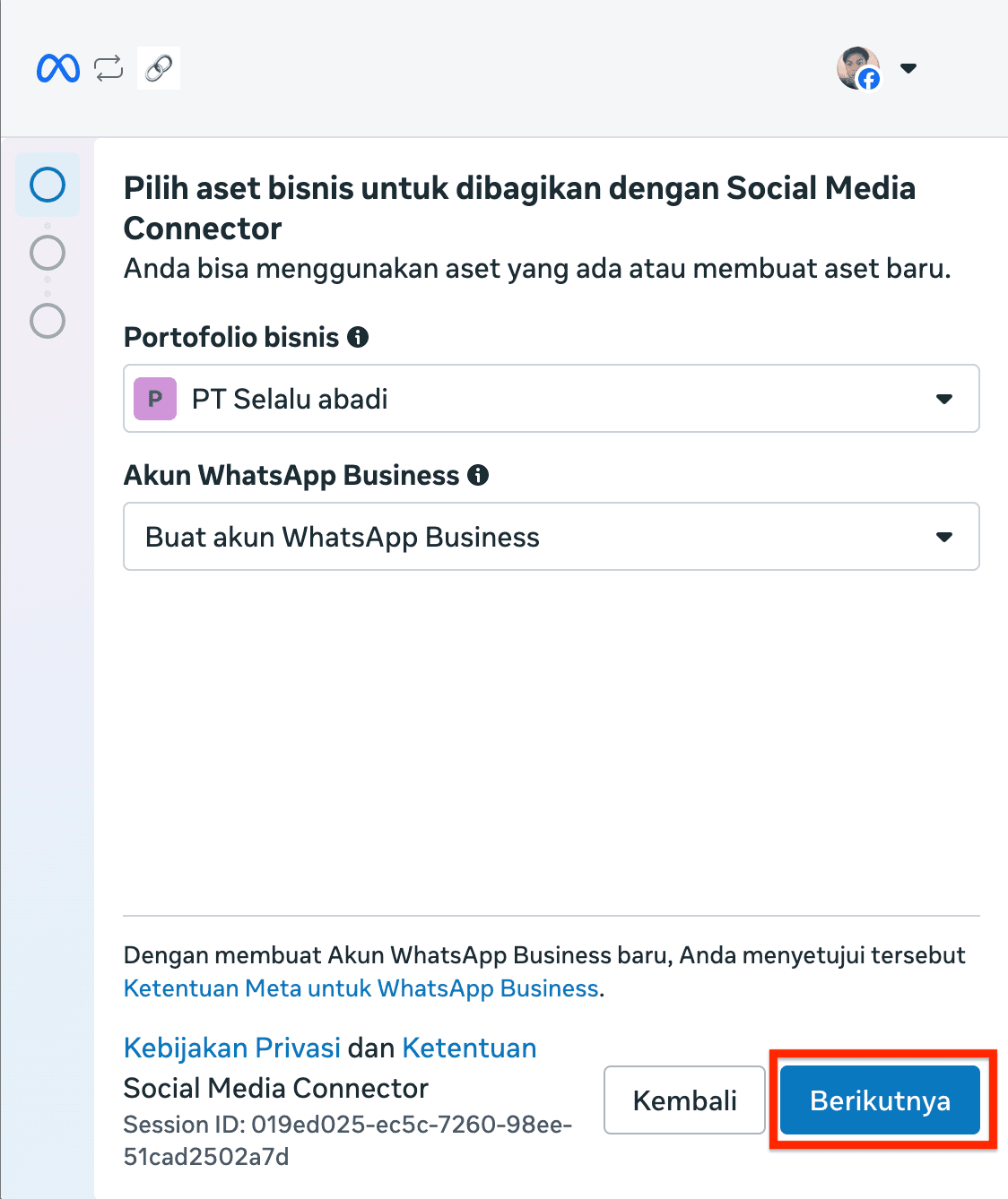 Pilih aset bisnis di popup Meta