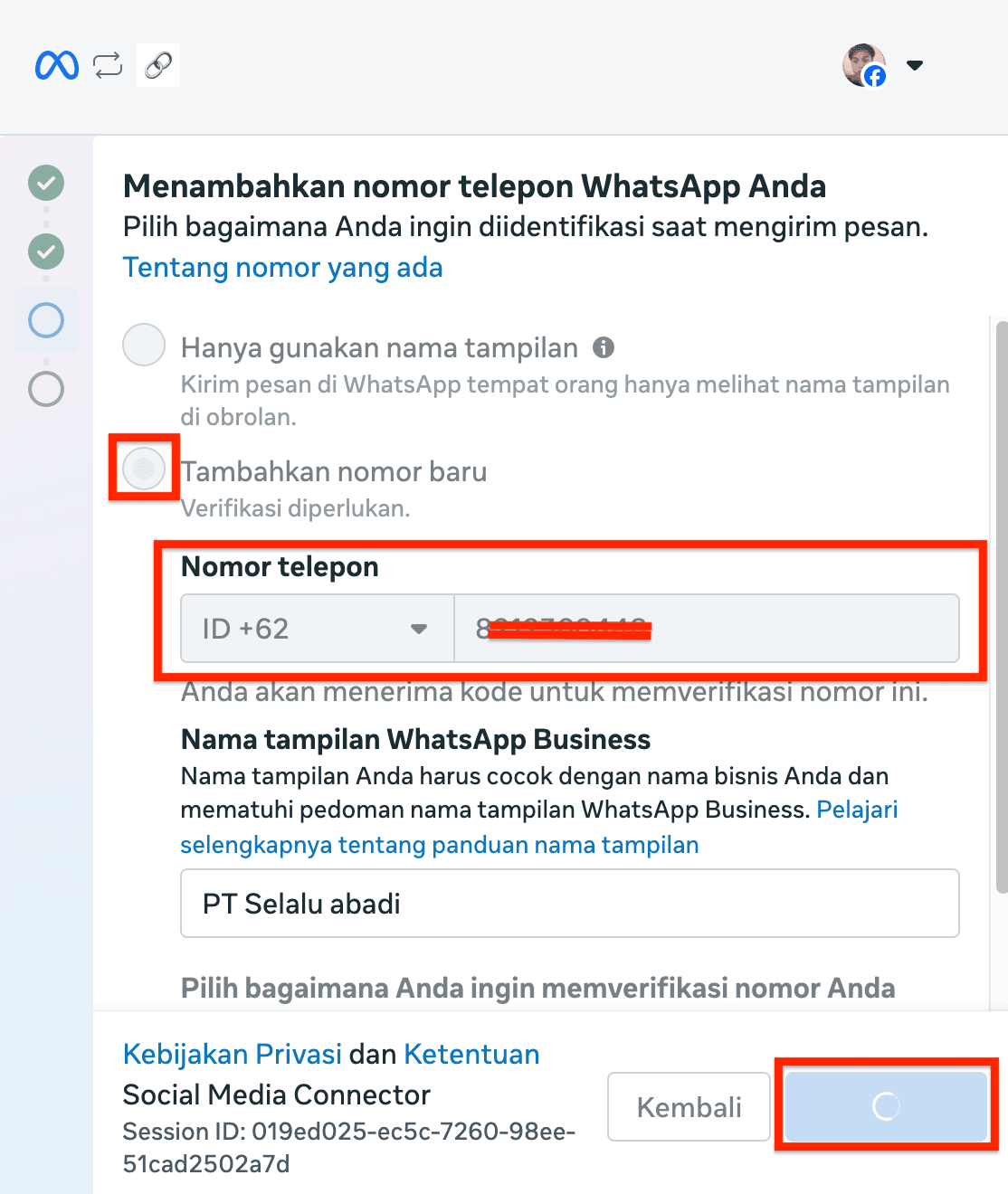 Masukkan nomor dan nama tampilan